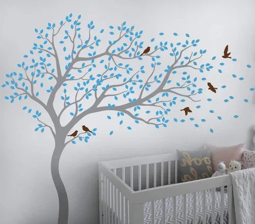 Miniatura 6 de Vinilo decorativo para pared de árbol grande con pájaros y hojas que soplan en el viento, adhesivo mural de bosque