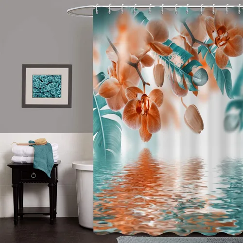 Cortina de ducha con diseño de hojas tropicales de orquídea verde azulado y naranja, decoración del hogar, tela impermeable lavable a máquina con 12