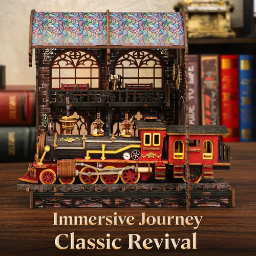 Miniatura 5 de Kit de rincón de libro, kit de casa en miniatura para adultos, rompecabezas LED 3D estación mágica, kit de rincón de libros, fabricado en madera