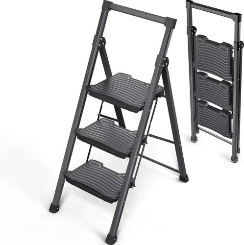 KINGRACK Escalera plegable de 3 escalones, escalera de 3 peldaños de 900 libras con pedal ancho antideslizante y pasamanos, escalera ligera para el