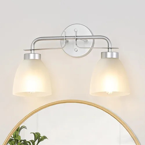 Miniatura 9 de Luces de tocador modernas de mediados de siglo de 16 pulgadas, lámpara dorada de 2 luces con pantallas de campana blancas esmeriladas, aplique