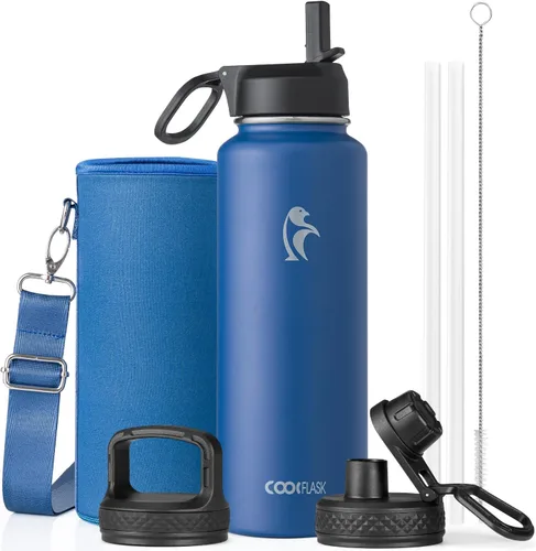 Miniatura 105 de Coolflask Botella de agua de 20 onzas aislada con pajilla, 3 tapas de metal de acero inoxidable, botella de agua de boca ancha para deportes u