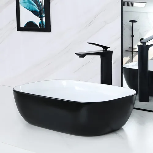 Miniatura 11 de Davivy Fregadero ovalado grande de 24.5 x 13.8 pulgadas, color negro mate con drenaje desplegable, fregadero de baño de cerámica sobre encimera