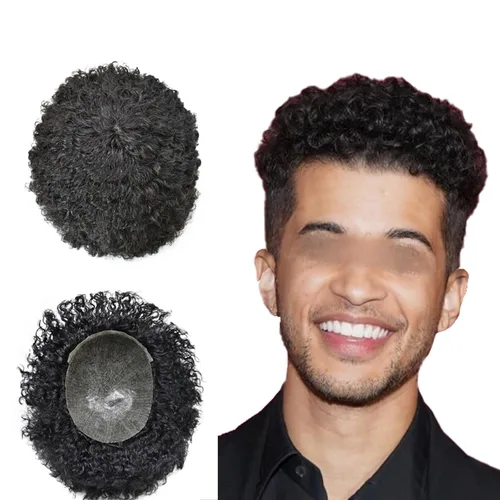 Miniatura 19 de Tupé rizado afro para hombres negros Full Poly African American Curl sistemas de cabello humano inyectado PU Coily Male Hairpieces Poly Hair