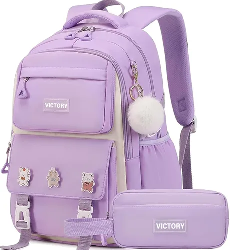 Miniatura 9 de AO ALI VICTORY Mochila para mujeres y niñas, conjunto con estuche para lápices de 15.6 pulgadas, mochila escolar para computadora portátil, mochila