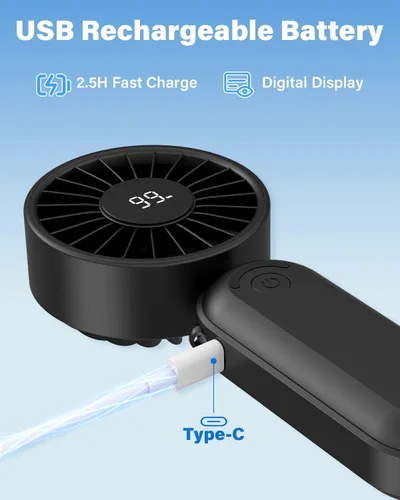 Miniatura 5 de AMACOOL Ventilador de mano plegable recargable, cable tipo C integrado, ventilador personal de 5 velocidades, tiempo de funcionamiento máximo de 17