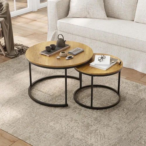 Miniatura 8 de Smuxee - Juego de 2 mesas de café anidadas, mesa de café redonda de 27.6" con tapa de grano de madera y patas ajustables antideslizantes, mesa Marrón