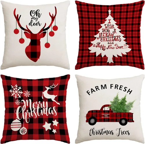 Fundas de Almohada Navideñas 12x12 Juego de 4 Rojas Almohadas Decorativas Vintage de Navidad Árbol de Navidad Ciervo Muñeco de Nieve Fundas de