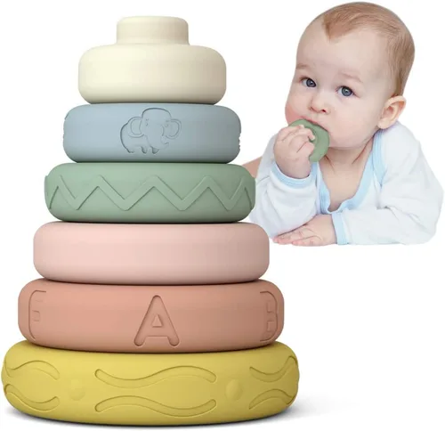 Mini Tudou 6 juguetes apilables y anidados para bebés, bloques apilables suaves, apiladores de anillos, juguetes sensoriales para bebés con letra,