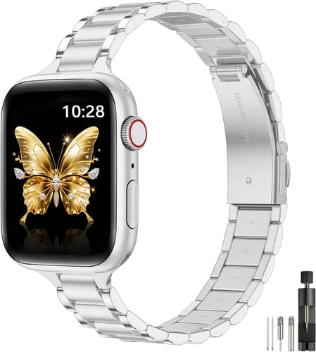 Miniatura 14 de WFEAGL Correas delgadas de metal compatibles con Apple Watch de 1.65, 1.57, 1.5, 1.46 pulgadas (Series 11 10) para mujeres, pulseras delgadas
