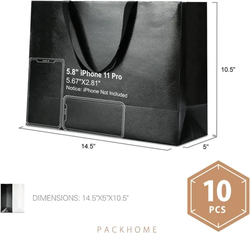 Miniatura 6 de PACKHOME 10 bolsas de regalo grandes de 14.5 x 5 x 10.5 pulgadas, bolsas de regalo negras de alta calidad con asas para regalar