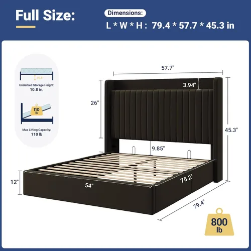 Miniatura 2 de Allewie - Marco de cama con almacenamiento abatible de tamaño completo, cabecera con estante de almacenamiento y estación de carga, puertos Type-C