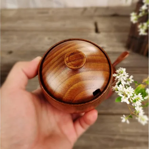 Miniatura 5 de Paquete de 2 tarros de condimentos japoneses, tarros de especias de madera maciza con tapa y cuchara, contenedor de madera de azufaifo, madera