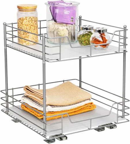 Miniatura 16 de Household Essentials Organizador de despensa de dos niveles de acero blanco con detalles de plástico forrado limpio