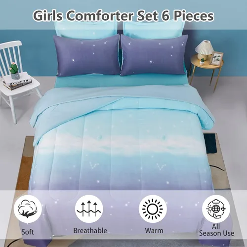 Miniatura 64 de Dinjoy Juego de edredón para niñas, tamaño individual, colorido, azul, rosa, morado, arcoíris, juego de ropa de cama de 6 piezas en una bolsa