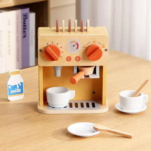Miniatura 2 de GAGAKU Máquina de café de madera de juguete para niños, juego de máquina de café de simulación con accesorios para cocina de juego, juguetes