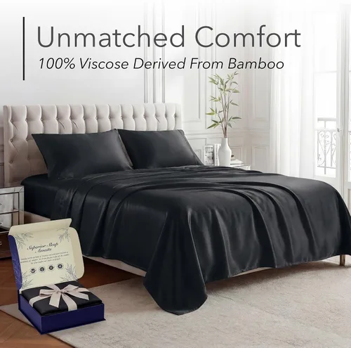 Miniatura 2 de DECOLURE Sábanas 100% Viscosa Derivada de Bambú Tamaño California King - Juego de Sábanas de Lujo de 4 Piezas Naturalmente Refrescantes, Ultra Negro