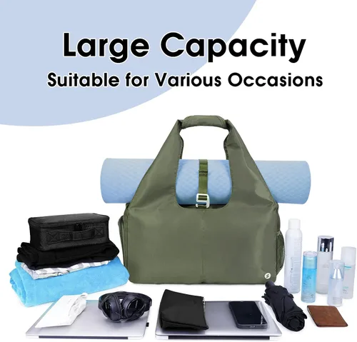 Miniatura 5 de Bolsa de gimnasio para mujer con compartimento para zapatos y bolsillo húmedo con soporte ajustable para esterilla de yoga, Verde militar, Moda