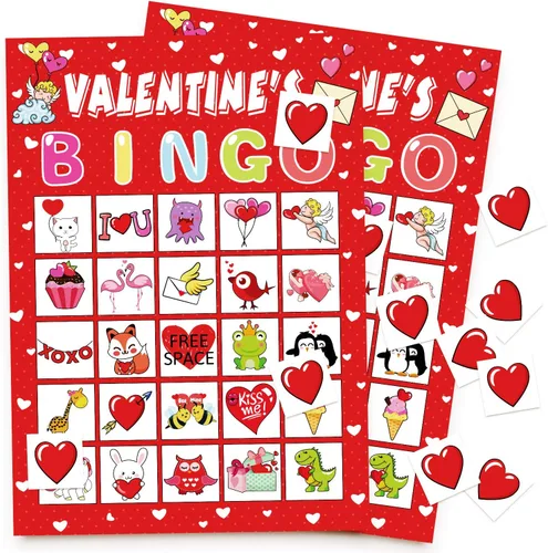 Tarjetas de bingo para 40 jugadores para el día de San Valentín, suministros para fiestas, actividades para adultos (rojo