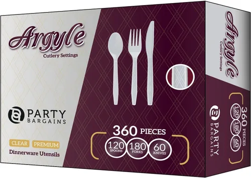 Miniatura 9 de Party Bargains - Cubiertos de plástico transparente 2,160 piezas: 1,080 tenedores, 720 cucharas, 360 cuchillos. Argyle Design - Juego de cubiertos