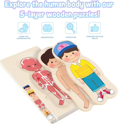 Miniatura 3 de Rompecabezas de madera para niños pequeños y niños, rompecabezas de anatomía Montessori para niños, juego preescolar de aprendizaje de cuerpo
