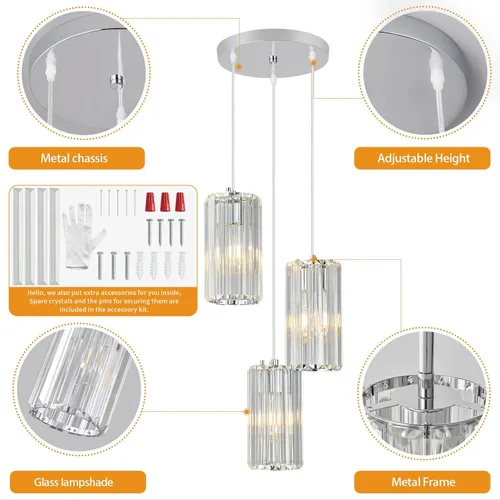 Miniatura 5 de Iluminación colgante cromada, lámpara colgante moderna, mini candelabros de cristal, lámpara colgante ajustable para cocina, isla, comedor, pasillo