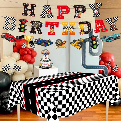 Miniatura 4 de Kit de decoración de fiesta de auto de carreras, pancarta de feliz cumpleaños, manteles para cumpleaños de coche de carreras o baby shower, 54 x 108