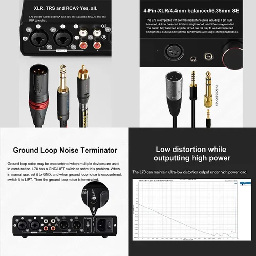 Miniatura 7 de Topping L70 Amplificador de auriculares NFCA completamente equilibrado, 7500 mWx2 amplificador de auriculares HiFi, 4 pines XLR/0.173 in Negro