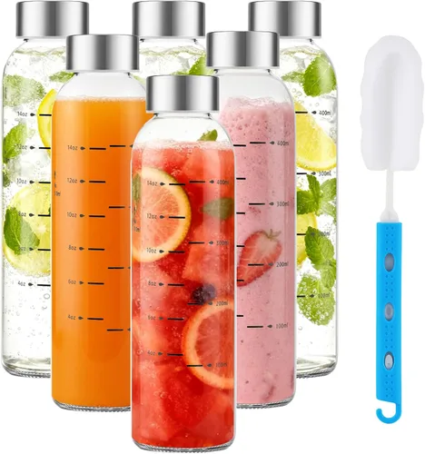 Miniatura 10 de Botellas de vidrio para jugo con tapas, botellas de agua de vidrio reutilizables de 25 onzas con tapas de acero inoxidable, paquete de 6, sin BPA, a