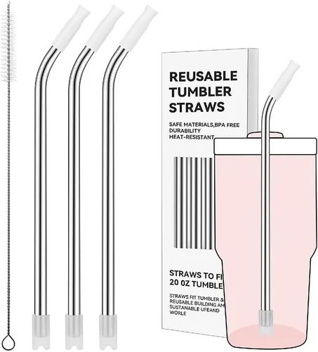 Miniatura 104 de Pajitas de metal rectas para vaso Stanley de 40 onzas, paquete de 3 popotes reutilizables de acero inoxidable con puntas de silicona y cepillo Gris