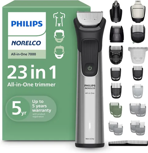 Norelco Philips Todo en Uno Serie 7000 Recortador de 23 Piezas - Afeitadora Eléctrica y Cortadora para Cara, Barba, Cabeza y Cuerpo, Hojas de