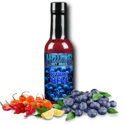 Salsa picante Hellfire Blueberry Hell con pimientos Carolina Reaper, Gourmet, galardonada salsa picante a base de frutas, 5 onzas