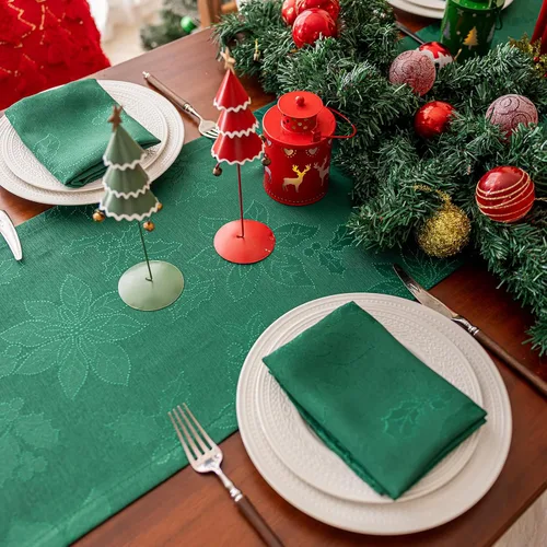 Miniatura 8 de Joyfol Day Caminos de Mesa de Navidad, Impermeable Jacquard Verde Flor de Pascua Camino de Mesa para Navidad Vacaciones Invierno Festival Cocina