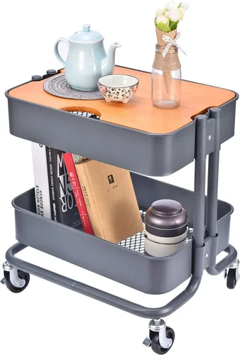 Miniatura 10 de Mesa auxiliar de almacenamiento de metal de 2 niveles con tablero de cubierta para oficina, hogar, cocina, organización, color negro