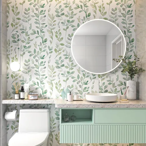 Miniatura 4 de MelunMer Papel tapiz moderno de hojas para despegar y pegar, papel de contacto verde bohemio para gabinetes, autoadhesivo, extraíble