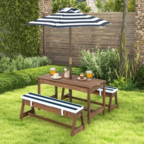 Miniatura 9 de Costzon Mesa de Picnic para Niños, Juego de Mesa y Silla de Madera para Niños Pequeños con Cojines, Sombrilla de Altura Ajustable, Mesa