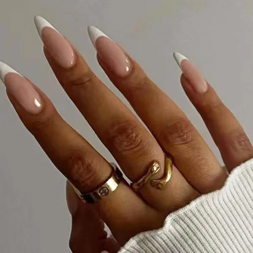 Miniatura 9 de Hkanlre - Uñas postizas cortas a presión con forma de almendra, uñas falsas de acrílico blancas brillantes, uñas postizas de cobertura completa