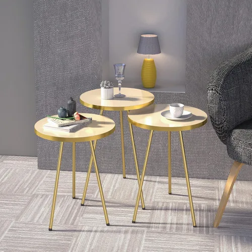 Miniatura 3 de Juego de 3 mesas anidadas, mesas auxiliares redondas apilables para espacios pequeños, mesita de noche para sala de estar, dormitorio, sala de beige