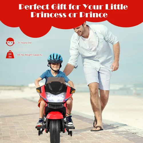 Miniatura 4 de Costzon Motocicleta de Montar para Niños, Motocicleta Eléctrica de Batería de 12V con Ruedas de Entrenamiento, Luces LED, Música, Pedal, Rojo