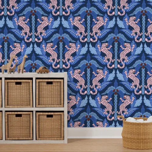 Miniatura 7 de Muestro de papel tapiz extraíble - Tiger Damask Pink Blue Jungle Tropical Papel pintado prepegado personalizado por Spoonflower