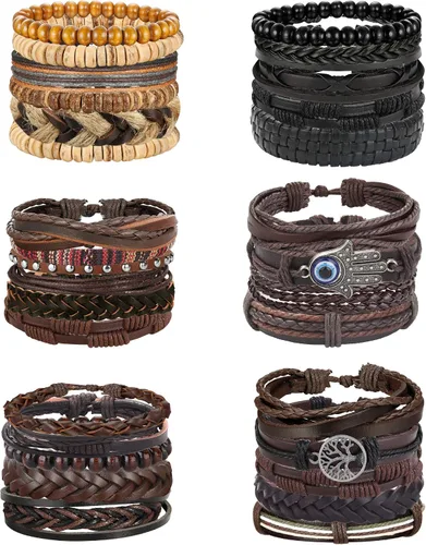 Florideco - Juego de 30 pulseras de cuero trenzado para hombres y mujeres con cuentas de madera tejidas étnicas tribales ajustables