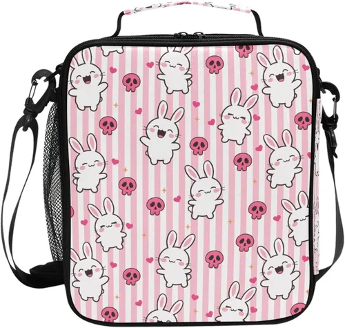 MNSRUU Bolsas de almuerzo para niños y niñas, Doodle Kawaii Conejo, reutilizable, aislada, kit de bolsa térmica para comidas, bolsa organizadora de