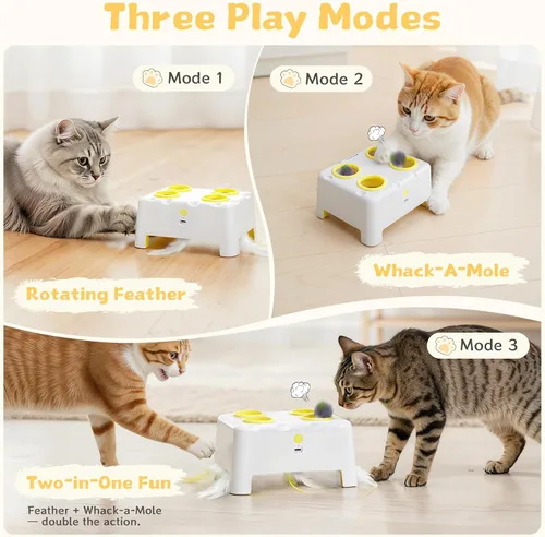 Miniatura 3 de Caja de queso interactivo para gatos de interior, juguete de plumas 3 en 1, juguete de plumas de topo, 3 modos de juguetes recargables para gatos