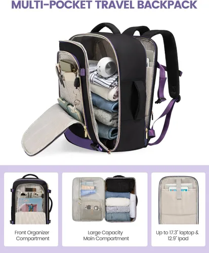 Miniatura 4 de Mochila de viaje LOVEVOOK para mujeres, mochila de 40L para llevar en el avión, Púrpura, negro