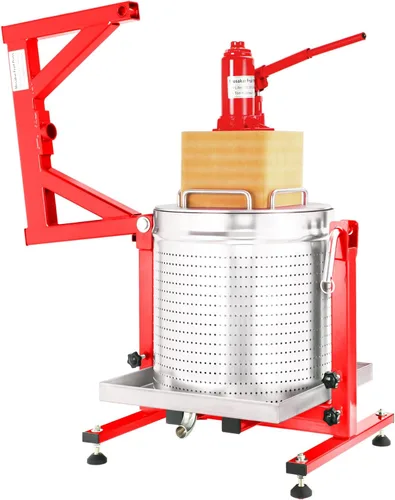 Prensa hidráulica de frutas Mosakar de 10.6 galones/40L. Presión de 5 toneladas. Las piezas de contacto de jugo son de acero inoxidable AISI 304.