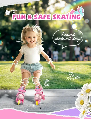 Miniatura 2 de Patines de unicornio para niños pequeños, patines de entrenamiento para niños con triple protección de seguridad, patines de 4 tamaños ajustables