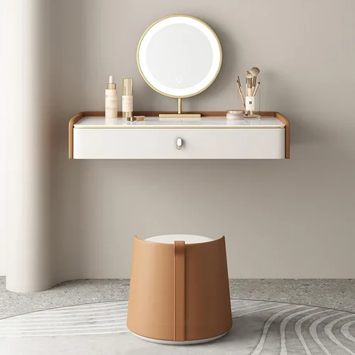 Miniatura 3 de Mesa de tocador de maquillaje montada en la pared con espejo iluminado, estante de almacenamiento de escritorio de maquillaje con cajones y taburete