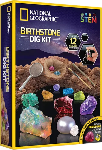 Kit de excavación de piedras de nacimiento National Geographic - Kit de ciencia con 12 piedras de nacimiento genuinas, incluye un diamante real,