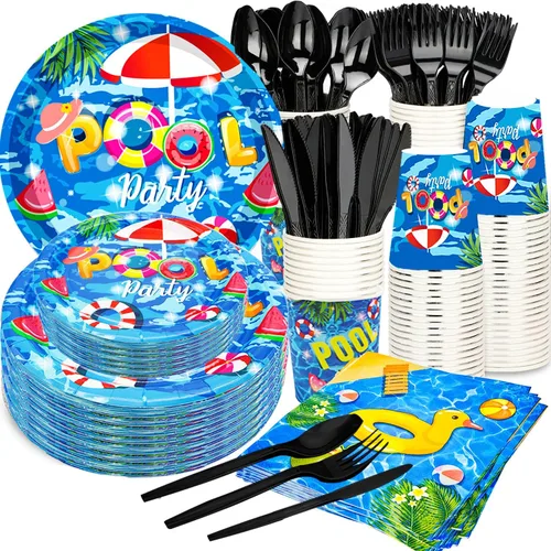 Juego de 175 piezas de suministros para fiesta de piscina, juego de fiesta de playa de 9 pulgadas, platos de fiesta de piscina, 7 pulgadas, plato de