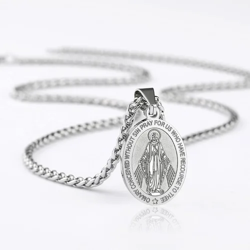 Miniatura 6 de RS Collar de Virgen María para hombre medalla milagrosa de acero inoxidable colgante de María de la Virgen medallón de María dije de Santa María